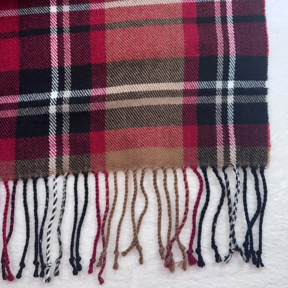 Soft Surroundings Throw Blanket Women Red Plaid Metallic Fringe Wrap 50x70